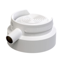 Close-up of a  white ergonomic aerosol actuator named S7 with a built-in curved handle, isolated on a plain white background.