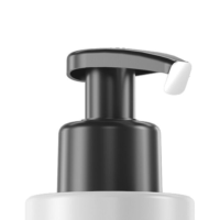 Close-up of a black plastic Dispensing Pump with Metal-Free Pathway labeled GSA and white spout, attached to the top of a white bottle, against a plain white background.