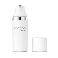 A white airless bottle labeled mezzo by Aptar, featuring a silver band near the top and its matching cap beside it, showcases Aptar Beauty's best-selling airless packaging on a plain white background.