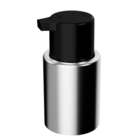 Close-up of PAV/U, a black plastic low-dose twist-to-lock cosmetic pump with a silver collar, set against a white background.