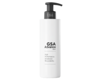 A white plastic pump bottle labeled GSA Advance features the phrases High Performance, Advanced Recyclability, and FULL PLASTIC on the pump. The minimalistic, modern design highlights it is a recyclable dispensing pump for sustainable use.