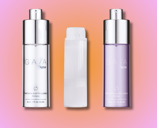 Three GAIA by Aptar bottles displayed against a soft pink-to-orange gradient background - two sleek, customizable silver-topped bottles (white and purple) labeled Refillable and Recyclable Airless, positioned on either side of a plain, reloadable airless pump bottle in the center, showcasing the Customizable Reloadable Airless design.