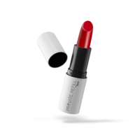 A red lipstick with its cap removed floats against a white background. The tube is white with black details, labeled PRIVATE REFILL, showcasing sleek refillable lipstick packaging.