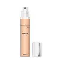 A beige and silver bottle in mini packaging form, labeled minicream MAKE UP, stands upright with its shiny silver cap placed beside it on a white background.