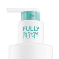 A close-up of a white bottle with a turquoise fully recyclable dispensing pump named Future. The label reads FULLY RECYCLABLE PUMP in turquoise letters, and an embossed arrow shows the twisting direction.