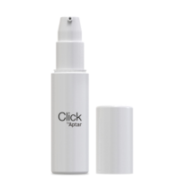 A white bottle featuring a Lotion cosmetic pump, with the label 'Click by Aptar' printed on the front. The pump is shown with its plastic cap removed and placed beside the bottle, all set against a plain background.