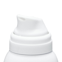 Close-up of Meridian, a contemporary aerosol actuator molded in white on tope of an aerosol can, shown against a plain white background. The nozzle is slightly angled, ready for dispensing liquid or foam product.