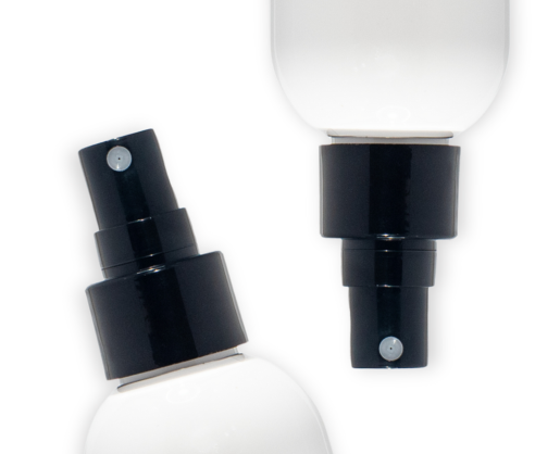 Two white bottles with a black Euromist 2-way spray pump are shown on a white background.One is positioned upright and one tilted to the left.