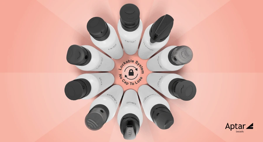 Ten white bottles with black aerosol actuator caps are arranged in a circle on a peach background. At the center, a label reads “Lockable System, No Cap To Lose” with a rotating lock icon, indicating the aerosol packaging has twist-to-lock packaging functionality.