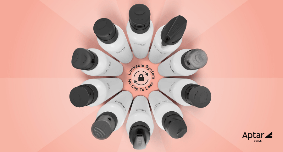 Ten white bottles with black aerosol actuator caps are arranged in a circle on a peach background. At the center, a label reads &ldquo;Lockable System, No Cap To Lose&rdquo; with a rotating lock icon, indicating the aerosol packaging has twist-to-lock packaging functionality.