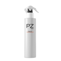 A white cylindrical bottle labeled PZ by Aptar with the word Jazz in black and an orange underline, featuring a white Mini Trigger Spray Pump named PZ Jazz, standing upright against a plain white background.
