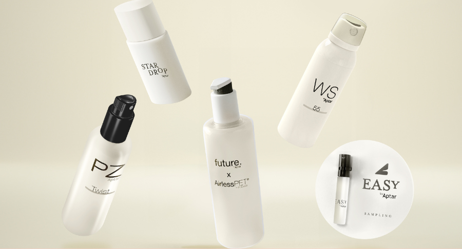 Aptar Beauty's omnichannel packaging collection is displayed on a soft peach background. The lineup includes Future Airless PET ,Easy Spray, WS55, Star Drop with its drop-by drop-dispensing, and PZ Twist.