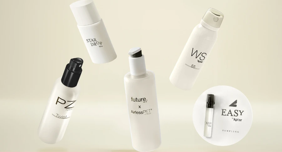Aptar Beauty's omnichannel packaging collection is displayed on a soft peach background. The lineup includes Future Airless PET ,Easy Spray, WS55, Star Drop with its drop-by drop-dispensing, and PZ Twist.