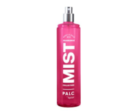 A pink spray bottle labeled MIST COLLECTION with BODY & HAIR FRAGRANCE at the top and PALC by Aptar at the bottom, shown against a white background.