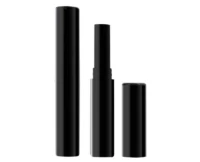 Three black cylindrical tubes are shown; one is fully closed, one is open with the cap removed and standing upright, and the third is the cap set beside the open tube. All items are glossy and minimalistic.