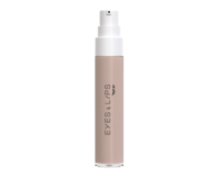 A beige cosmetic tube with a Micro-Dosage Cosmetic Pump, featuring a white dispenser and the text EYES & LIPS written vertically on the front.