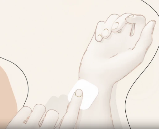 Illustration of a hand placing an innovative fragrance paper sampling pad on the inner wrist of another hand.