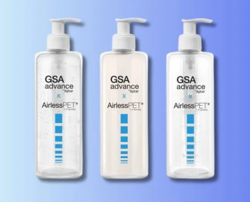 Three GSA Advance x AirlessPET pump bottles displayed side by side on a blue gradient background