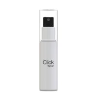 Click fine mist technology is showcased in a white cylindrical bottle labeled Click by Aptar, equipped with a black spray pump and clear cap, set against a neutral background.