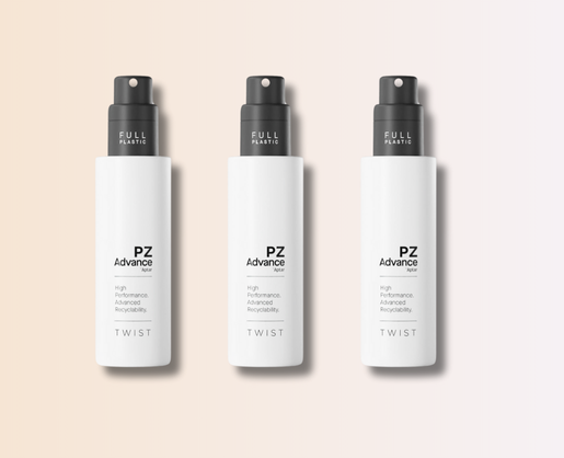 Three identical white bottles labeled PZ Advance by Twist, each featuring a recyclable spray pump and marked Full Plastic, are displayed side by side on a light gradient background.
