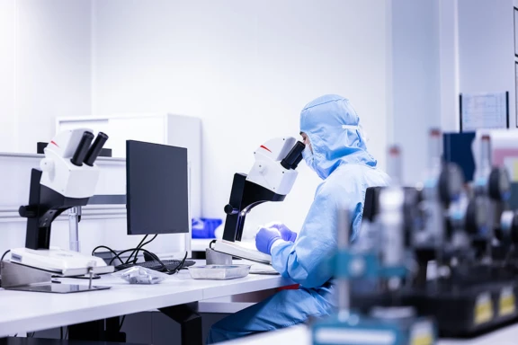 Aptar Pharma lab technician examines gamma irradiated rubber components for injectables under a microscope.