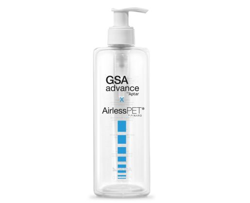 Clear plastic pump bottle labeled "GSA advance AirlessPET" with blue measurement markings and a white pump dispenser on top.
