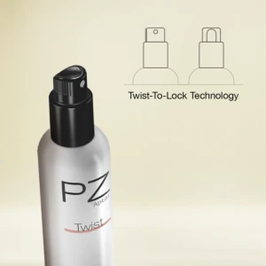 A white spray bottle with a black nozzle labeled PZ is shown. An illustration on the right highlights the Twist-To-Lock Technology in the spray nozzle, designed for added safety and convenience in omnichannel packaging.
