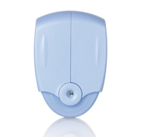 The Aptar Pharma ProHaler® multidose dry powder inhaler (DPI) with closed blue cover on white background.
