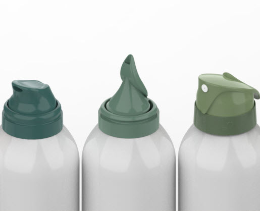 Three white bottles with different green dispenser tops are lined up side by side against a plain background.The center bottle is fitted with the Aspire aerosol actuator for whipped formulas, while the two other bottles Gladiator on the left and Wren on the right, feature distinct nozzle designs. 