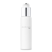 A sleek white cosmetic pump bottle with a shiny silver dispenser and the word AURIGA printed on the front, showcasing premium airless beauty packaging against a plain white background.
