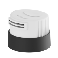 A white plastic twist-to-lock aerosol actuator for foam named Ringo with a black collar on a white background without the bottle showing only the component.