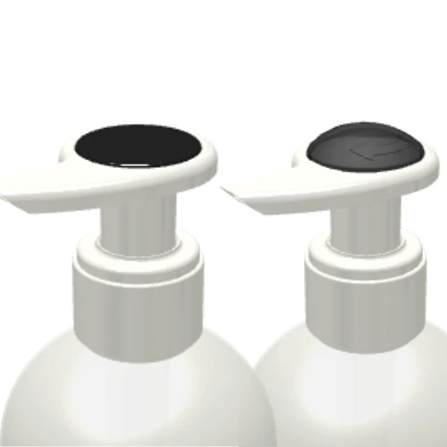 Two white pump bottles are shown side by side. Featuring a Dispensing Pump with Metal-Free Pathway labeled GSA, one pump is in the open position while the other is closed. Both pumps have sleek black tops.