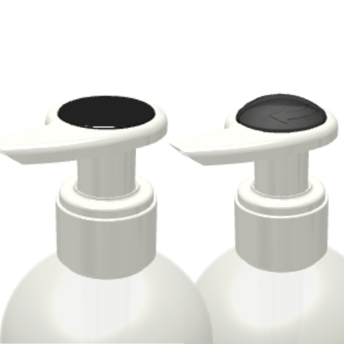 Two white pump bottles are shown side by side. Featuring a Dispensing Pump with Metal-Free Pathway labeled GSA, one pump is in the open position while the other is closed. Both pumps have sleek black tops.