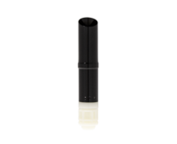A black cylindrical lipstick catridge with a white base, featuring a guided lipstick mechanism, stands upright on a white background. The object appears sleek and minimalistic.