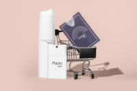 A small shopping cart holds a white bottle labeled Macro by Aptar, a pocket-size beauty packaging container labeled Pacto by Aptar, and a purple flat fragrance sampling product named Imagin against a light beige background.