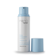 A light blue and white bottle labeled nano by Aptar with a matching blue cap beside it. This travel-size airless packaging offers a fully integrated solution, suitable for active concentrates, 10 ml.