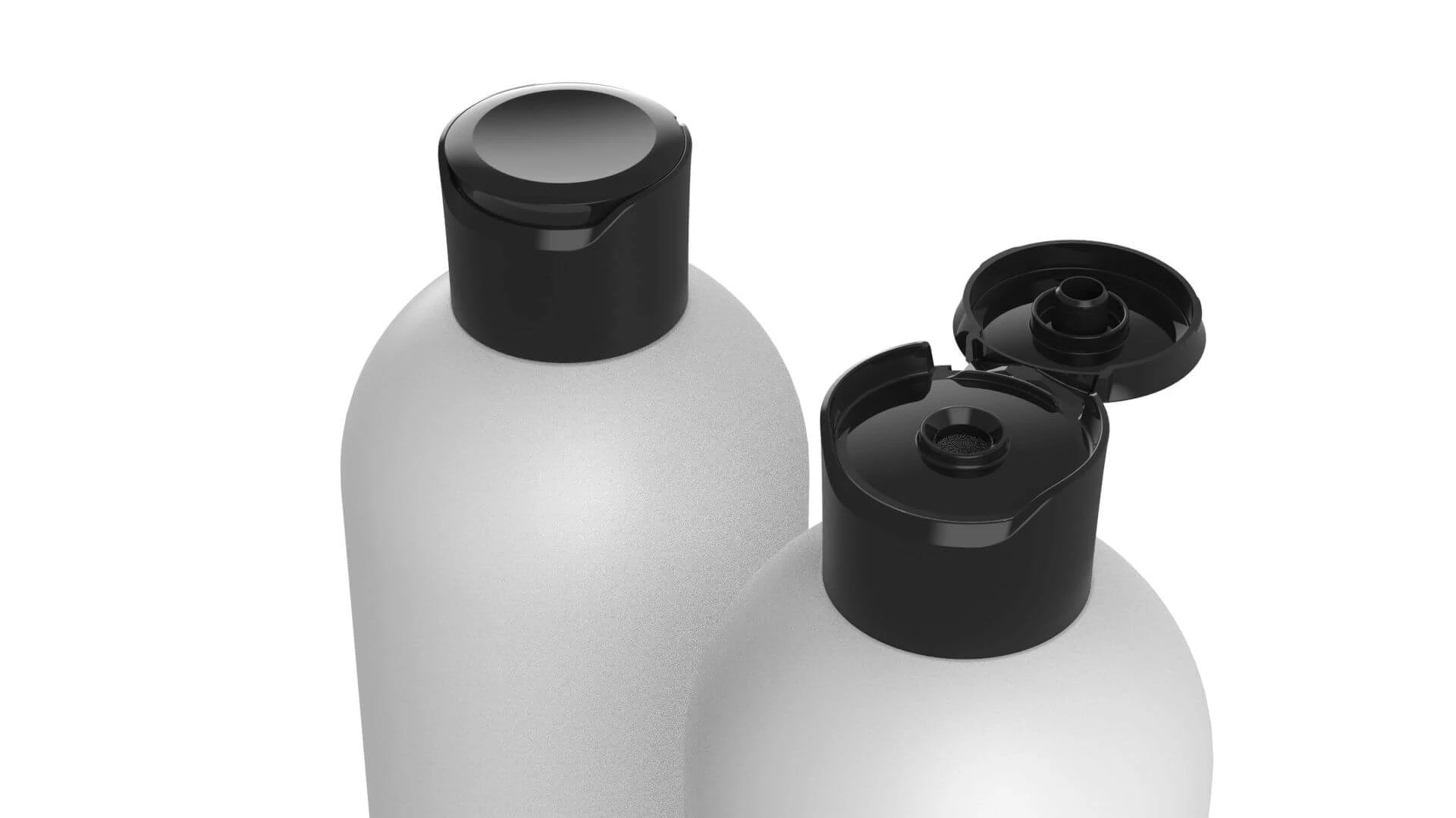Embrace personal care closure on white bottles, in open and closed positions