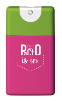 Compact lotion sampler for PACTO Lotion with a green top and purple body, featuring the phrase 'PactO is in' above a dashed pocket-style outline, designed for pocket-size beauty packaging and easy on-the-go use.