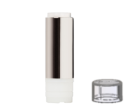 A shiny, cylindrical lipstick tube featuring a Non-Guided Lipstick Mechanism for Rigid Formulas stands upright, its metallic silver body and white base gleaming. A clear, round plastic cap lies nearby, slightly blurred in the foreground.