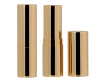 Three gold cylindrical containers of Non Guided Lipstick Packaging, with one uncapped to reveal the lipstick base, all standing upright against a white background.