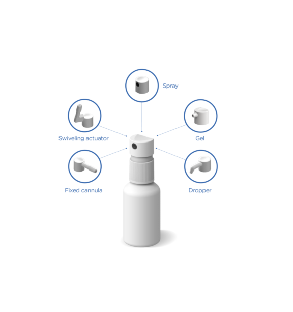 White plastic VP6 or Classic line oral dispensing system with range of fixed or swiveling cannula actuators.