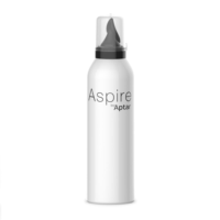 A white Aerosol Actuator for Whipped Formulas labeled Aspire by Aptar with a black and gray cap and spray nozzle, set against a plain white background.