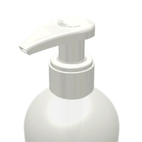 A close-up view of a white plastic dispensing pump named GSA with a metal-free pathway bottle against a plain white background.