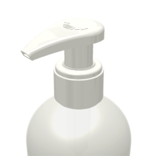 A close-up view of a white plastic dispensing pump named GSA with a metal-free pathway bottle against a plain white background.