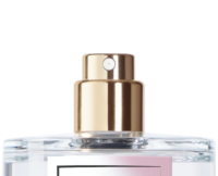 A close-up of a prestige fragrance pump atop a perfume bottle, featuring a gold spray nozzle and clear rectangular glass body. The upper part of a blank label is visible on the bottle.