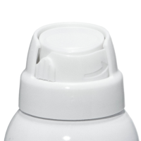 Close-up of a white plastic, e-commerce capable aerosol named Glide with the actuator partially open position, showing the dispensing mechanism.