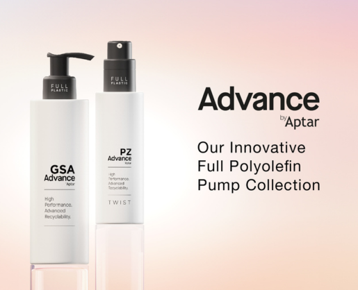 Two white pump bottles labeled GSA Advance and PZ Advance stand upright, featuring the Aptar logo. Text reads: Advance by Aptar. Our Innovative, Recyclable Dispensing Pump Collection. Soft gradient background.