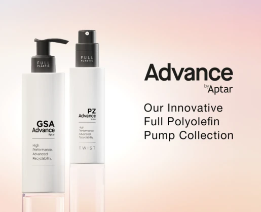 Two white pump bottles labeled GSA Advance and PZ Advance stand upright, featuring the Aptar logo. Text reads: Advance by Aptar. Our Innovative, Recyclable Dispensing Pump Collection. Soft gradient background.