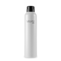A tall, white spray can with a black cap and nozzle featuring a classic twist to lock Aerosol Actuator. The label on the front reads Moritz by Aptar. The background is plain white.