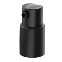 A black plastic cosmetic pump nozzle with a short spout, designed for precise, low dosage dispensing of liquids from bottles.